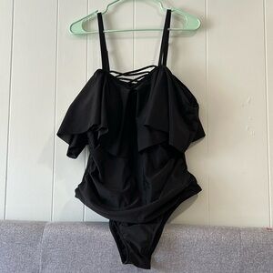 Open Shoulder Black One Piece Swimsuit